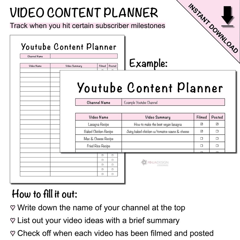 Printable Youtube Content Planner &amp; Youtube Growth Tracker - Etsy