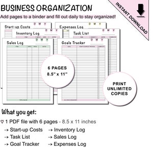 Printable Business Organization Planner and Tracker Sheets Template