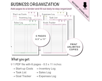 Printable Business Organization Planner and Tracker Sheets Template