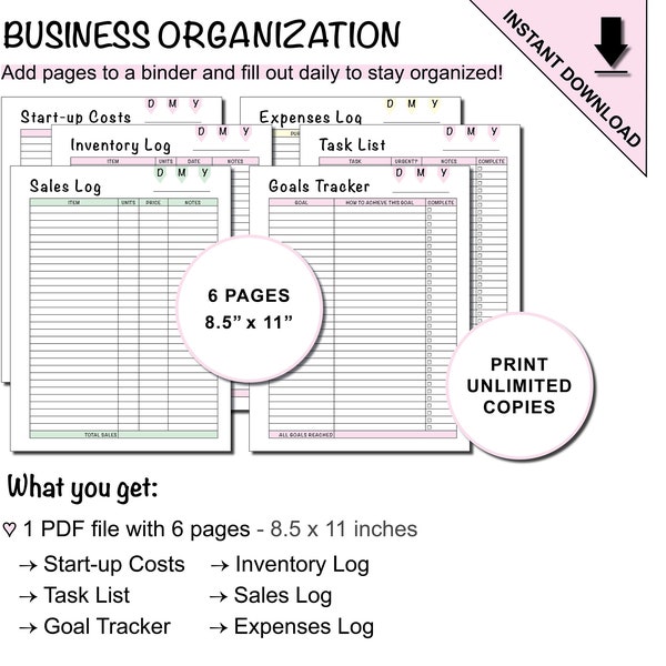 Printable Business Organization Planner and Tracker Sheets Template