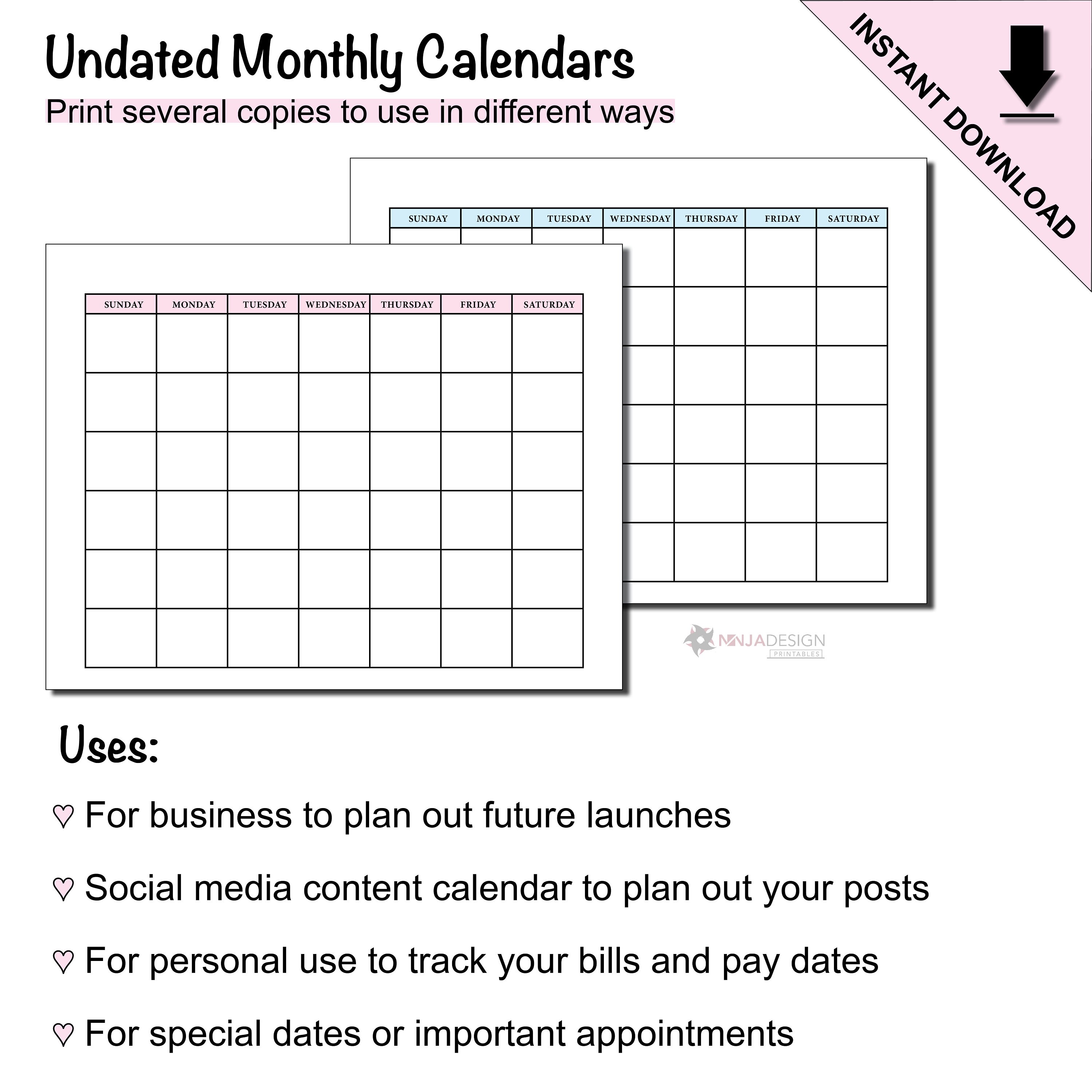 printable undated monthly calendars from sunday to monday etsy