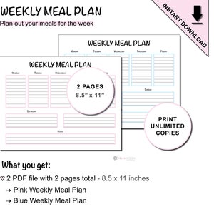 Puede incluir: Dos páginas de planificador de comidas semanales imprimibles, una rosa y una azul, con un diseño de cuadrícula para planificar las comidas para cada día de la semana. Las páginas miden 8,5 pulgadas por 11 pulgadas.