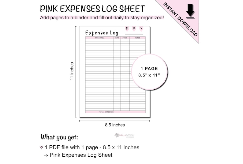 Printable Pink Expenses Log Sheet to Track Small Business Expenses - Etsy
