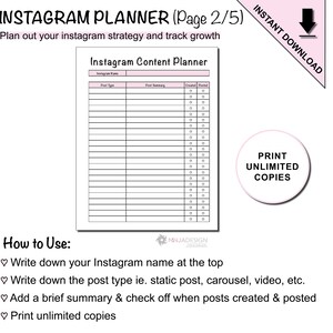 Instagram Content, Growth and Layout Planner Printable
