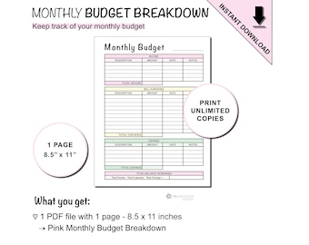 Presupuesto mensual imprimible de un vistazo con un calendario mensual en blanco (de domingo a lunes) / Descripción general del calendario de presupuesto mensual