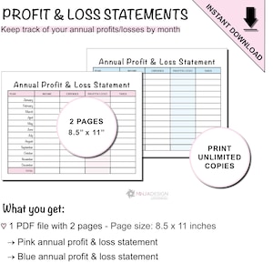 May include: A digital download featuring two annual profit and loss statement templates. The templates are 8.5 x 11 inches and include pink and blue color schemes. The image also includes the text "Instant Download" and "Print Unlimited Copies."