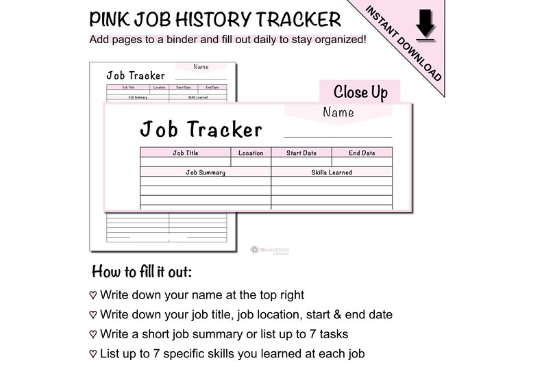 Printable Job History Tracker to Track Work Employment History - Etsy