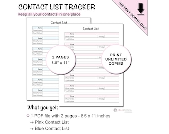 Plantillas de listas de contactos imprimibles para libreta de direcciones para realizar un seguimiento de cumpleaños, direcciones de correo electrónico y números de teléfono