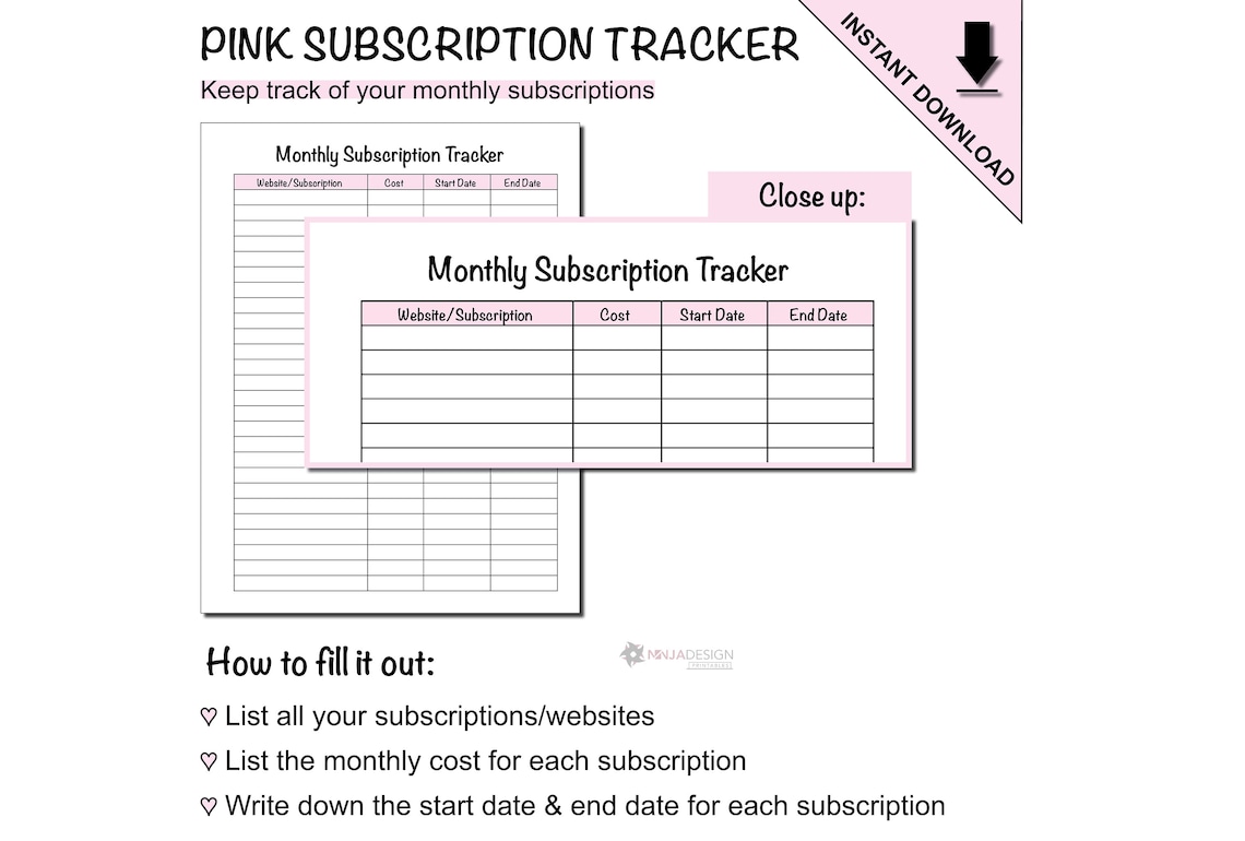 Printable Monthly Subscription Tracker to Track Website and App ...