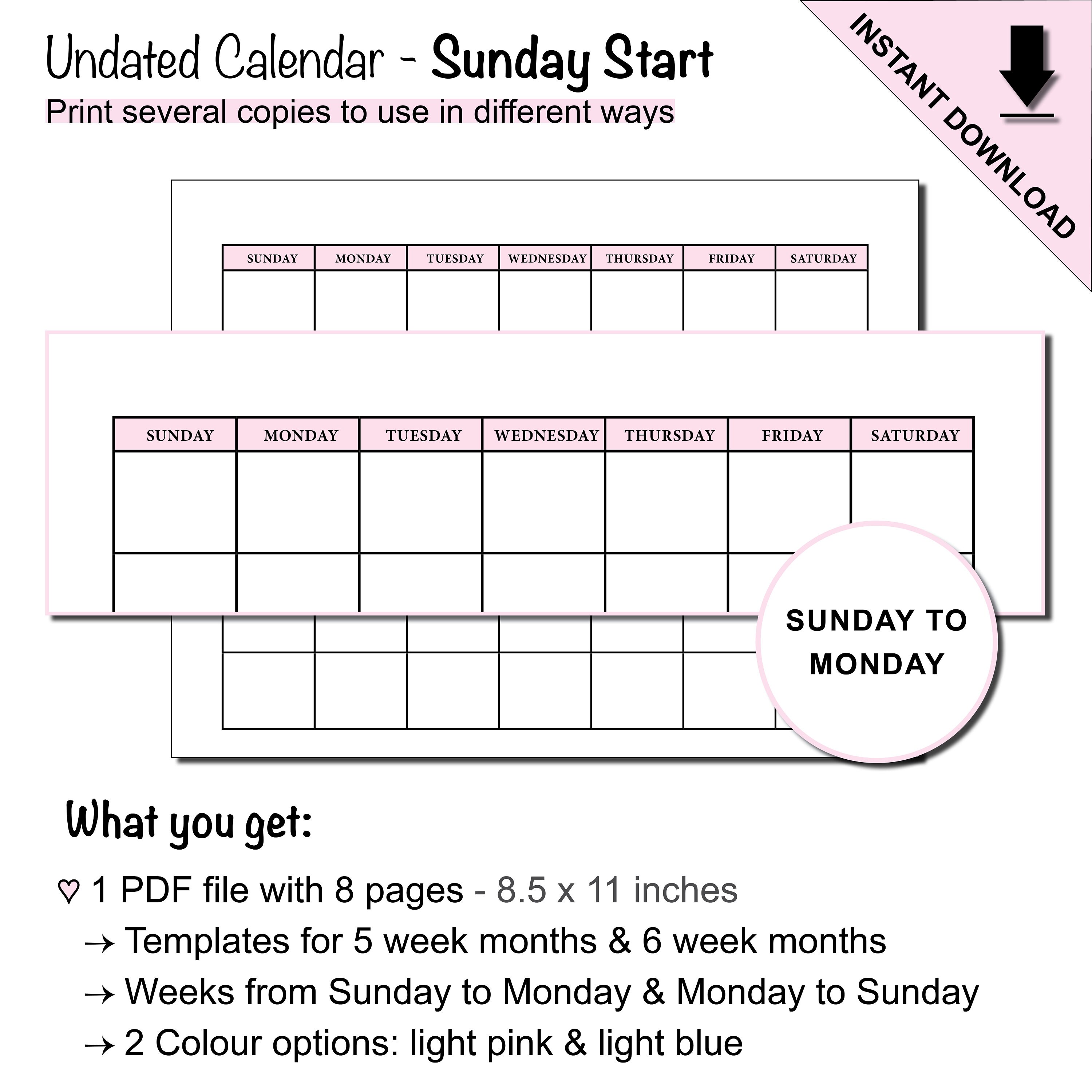 printable undated monthly calendars from sunday to monday etsy