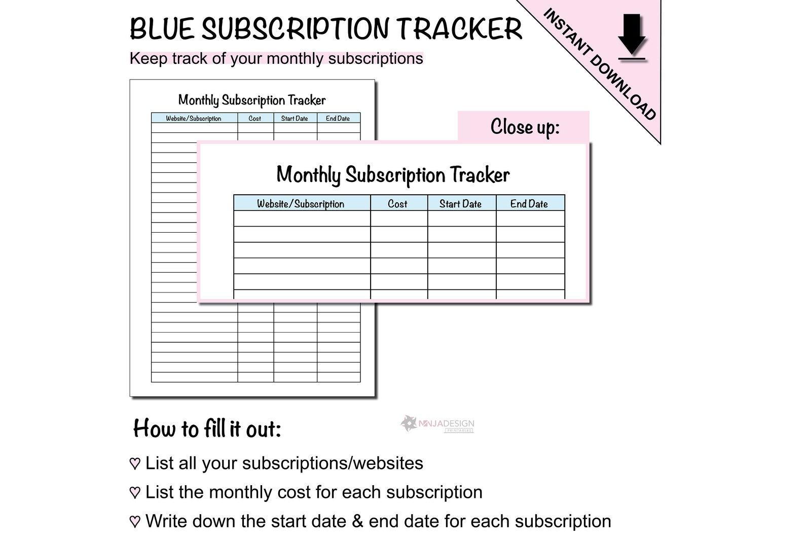 Printable Monthly Subscription Tracker to Track Website and App ...