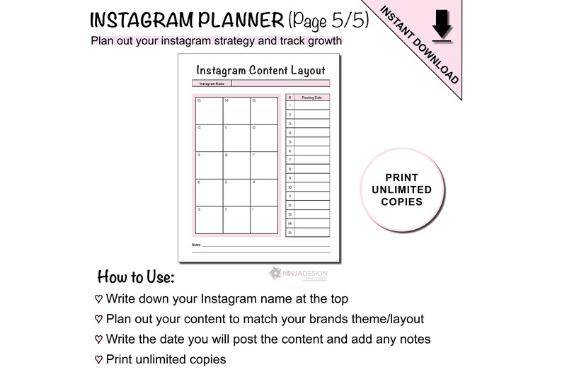Instagram Content, Growth and Layout Planner Printable