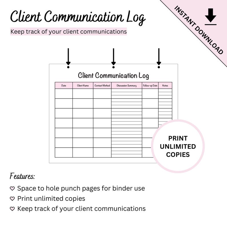 Printable Client Communication Log Sheet to Track Client Contact and ...