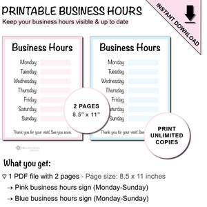 Printable Business Hours of Operation Sign to Display Custom Business Hours for Brick and Mortar Businesses