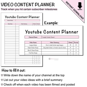 Youtube Content Planner and Youtube Growth Tracker Printable