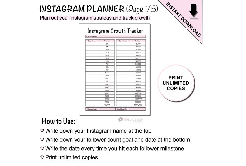 Instagram Content, Growth and Layout Planner Printable