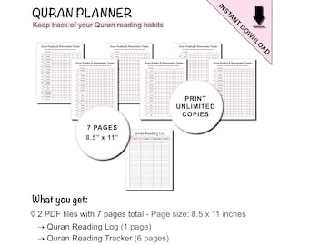Printable Quran Planner to Track  and Log Reading and Memorization of Quran for Kids & Adults | Ramadan Preparation Planner