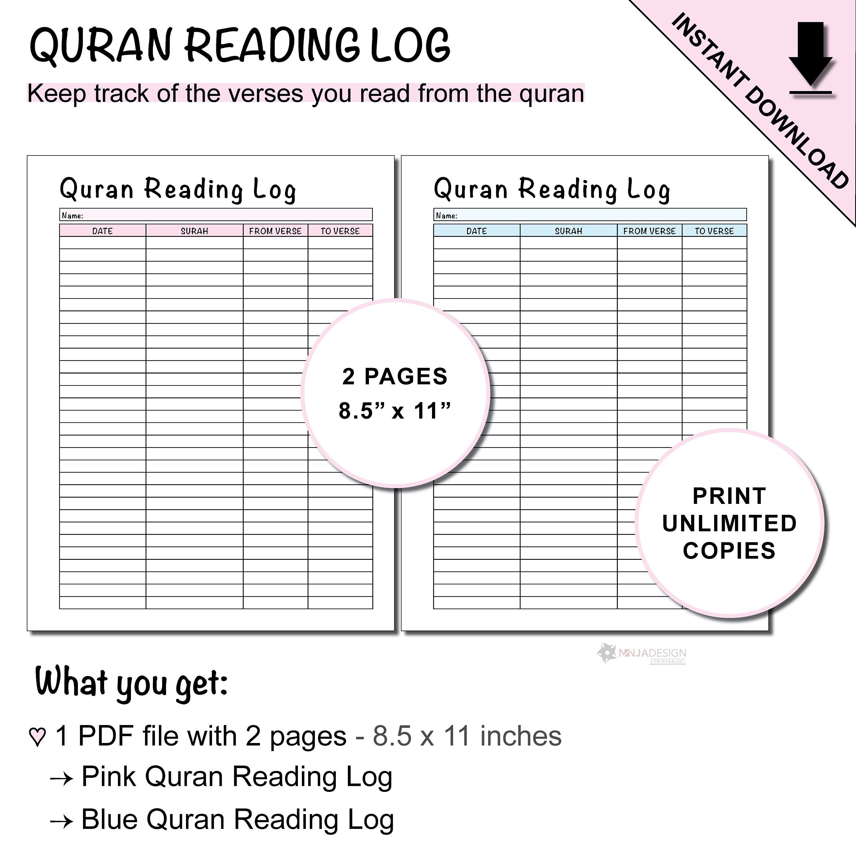 Governable intellectual agenda Printable Quran Reading Log to Track Verses of Surahs Read - Etsy Italia