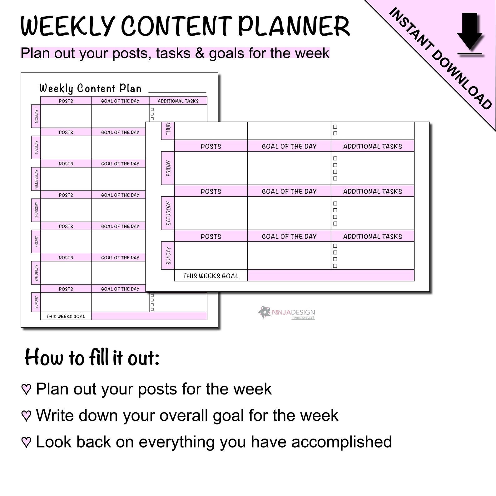 Printable weekly content planner sheet for social media posts etsy