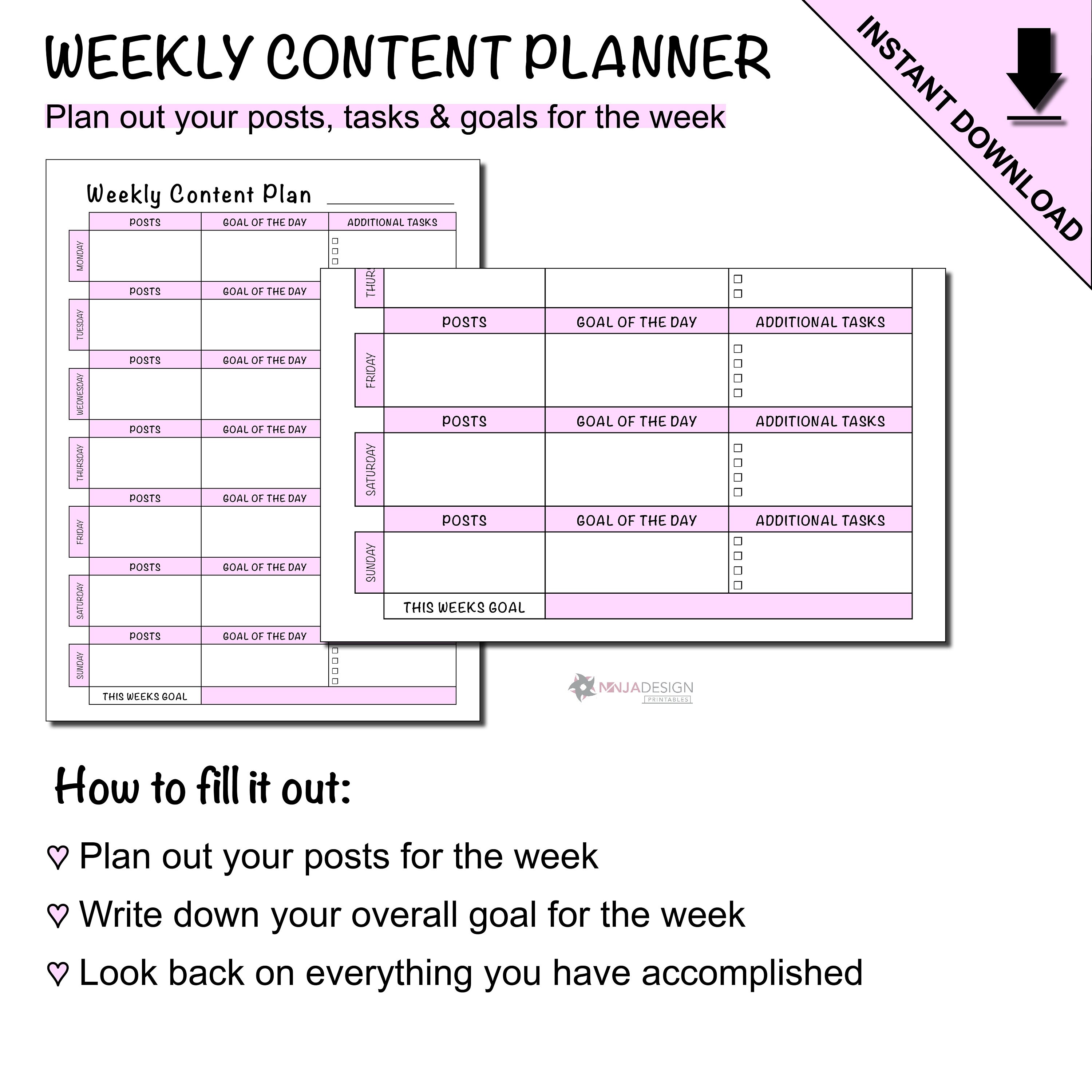 Printable Weekly Content Planner Sheet for Social Media Posts | Etsy