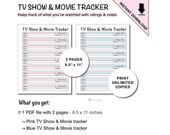 Printable TV Show and Movie Tracker For Reviewing TV Shows and Movies Watched with Colour In Star Ratings & Notes Section