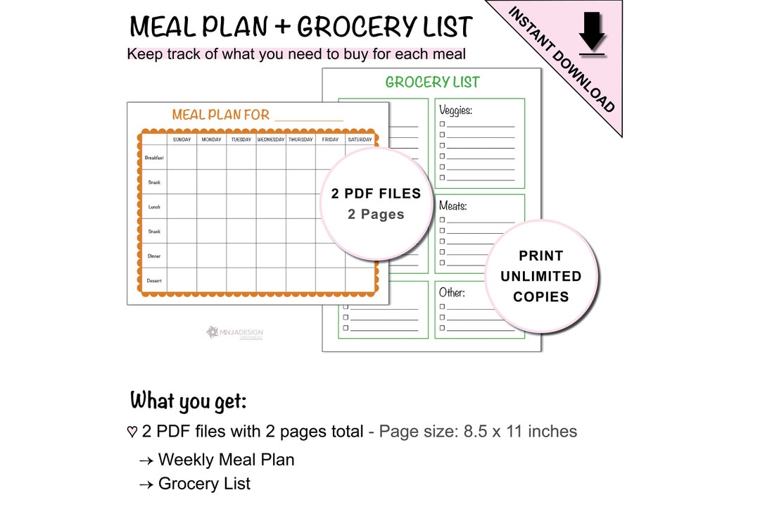 Printable Weekly Meal Planner and Grocery List - Etsy