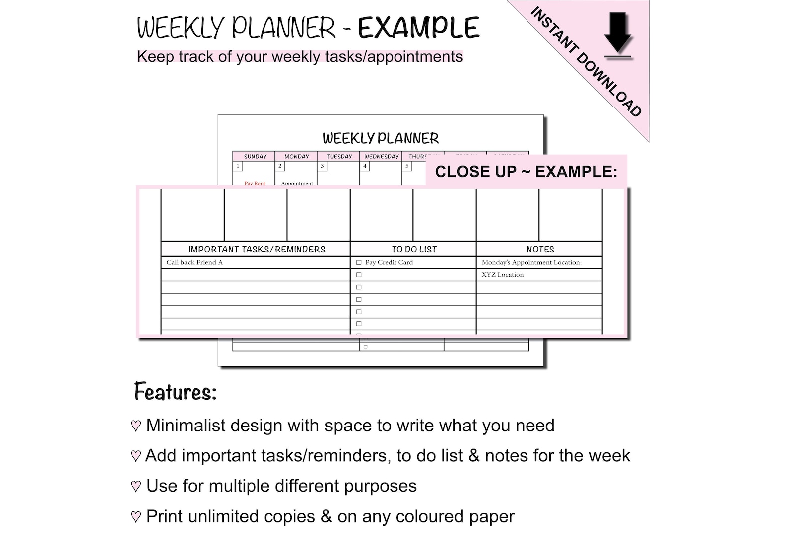 Plan You Week Printable Weekly Planner Sheet With to Do List and Notes Section ...
