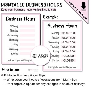 Printable Business Hours of Operation Sign to Display Custom Business ...
