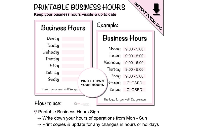 Printable Business Hours of Operation Sign to Display Custom Business ...