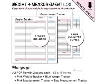 May include: A printable weight and measurement log with pink and blue accents. The log includes a weight tracker and a measurement tracker. The text on the image says "Weight + Measurement Log" and "Instant Download". The log includes 4 pages and can print unlimited copies.