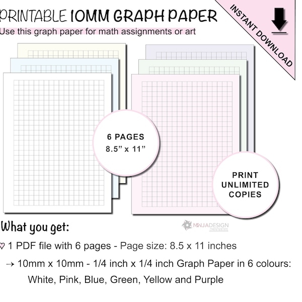 Printable Graph Paper with 10mm x 10mm Grid Spacing | 1/4 inch x 1/4 inch Graph Paper | 1cm x 1cm Grid Paper