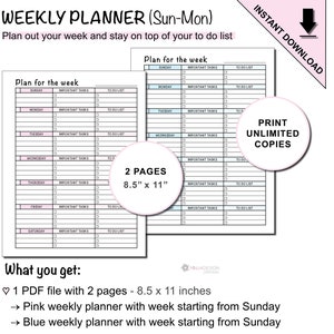 Peut inclure: Planificateur hebdomadaire imprimable avec deux pages, une rose et une bleue. Chaque page présente un horaire hebdomadaire avec de l'espace pour les tâches importantes et les listes de choses à faire. Le planificateur mesure 8,5 pouces par 11 pouces.