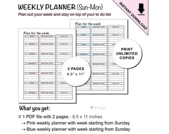 Printable Weekly Planner Sheets with Week Starting from Sunday to Monday | Plan for the Week with To Do List and Checkboxes