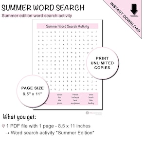 Printable Summer Word Search Puzzle Activity for Kids