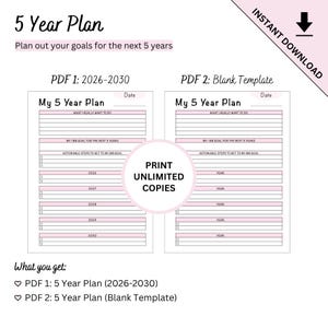 Plantilla imprimible de planificación de objetivos a 5 años (2026-2030) con plantilla en blanco. imagen 5