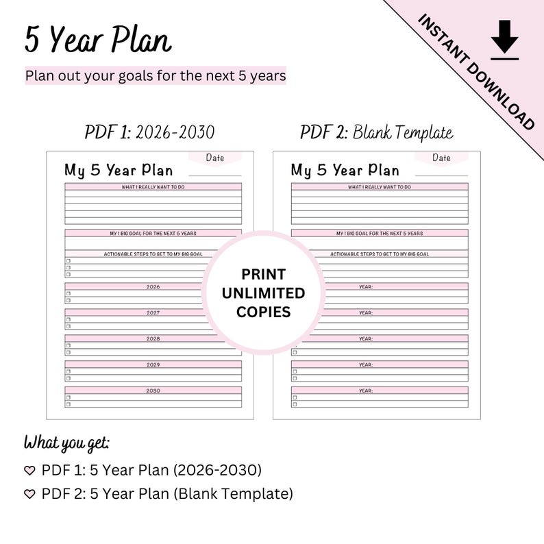 Plantilla imprimible de planificación de objetivos a 5 años (2026-2030) con plantilla en blanco. imagen 5