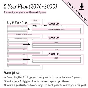 Plantilla imprimible de planificación de objetivos a 5 años (2026-2030) con plantilla en blanco. imagen 3