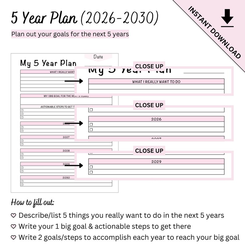Plantilla imprimible de planificación de objetivos a 5 años (2026-2030) con plantilla en blanco. imagen 3