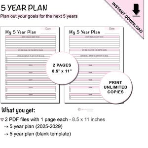 Printable 5 Year Goal Planning Template for 2025 to 2029 Plus Blank Template