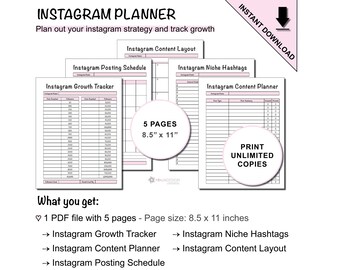 Printable Instagram Content Planner with Instagram Follower Growth Tracker, Layout Visualization, Posting Schedule, and Hashtag Planner