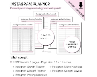 Printable Instagram Content Planner with Instagram Follower Growth Tracker, Layout Visualization, Posting Schedule, and Hashtag Planner