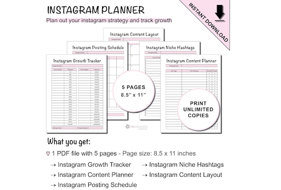 Printable Instagram Content Planner with Instagram Follower Growth Tracker, Layout Visualization, Posting Schedule, and Hashtag Planner