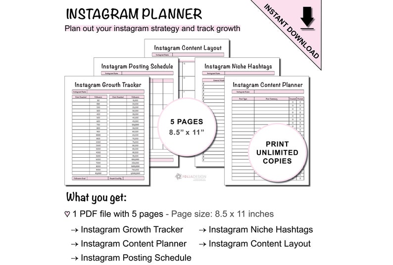 Instagram Content, Growth and Layout Planner Printable
