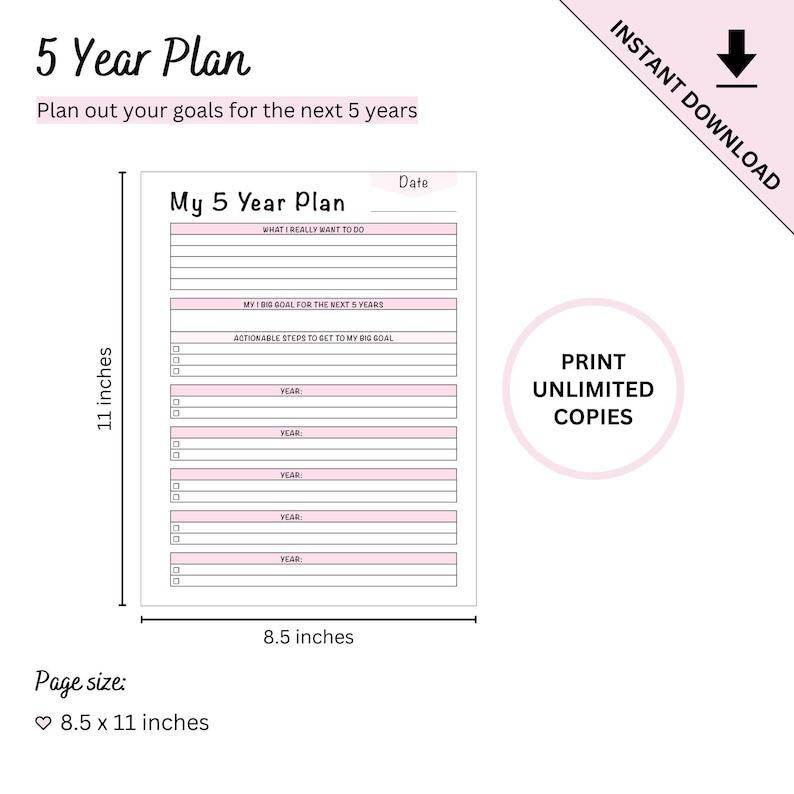 Plantilla imprimible de planificación de objetivos a 5 años (2026-2030) con plantilla en blanco. imagen 7