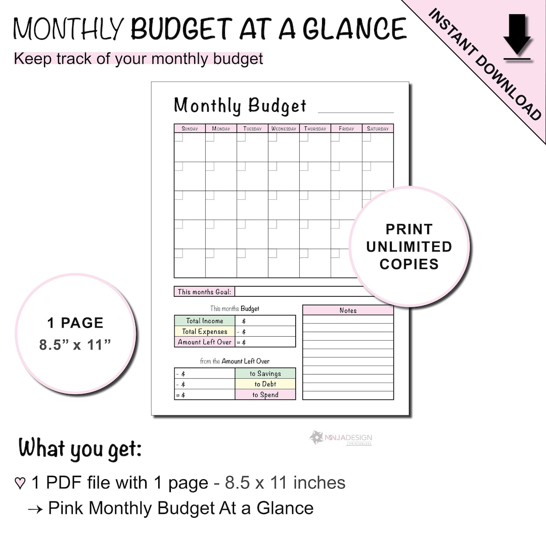 Printable Monthly Budget at A Glance With A Blank Monthly - Etsy
