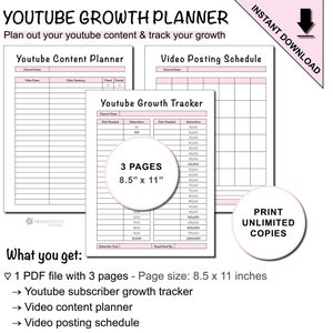 Youtube Content Planner and Youtube Growth Tracker Printable