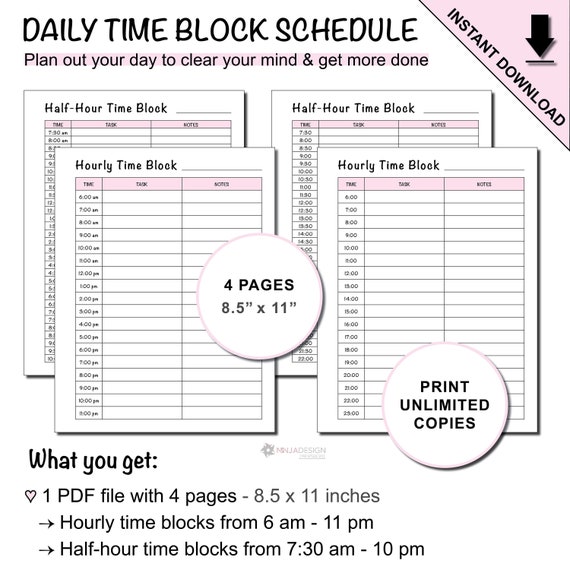 Printable Daily Time Block Schedules by Hour and Half-hour | Etsy