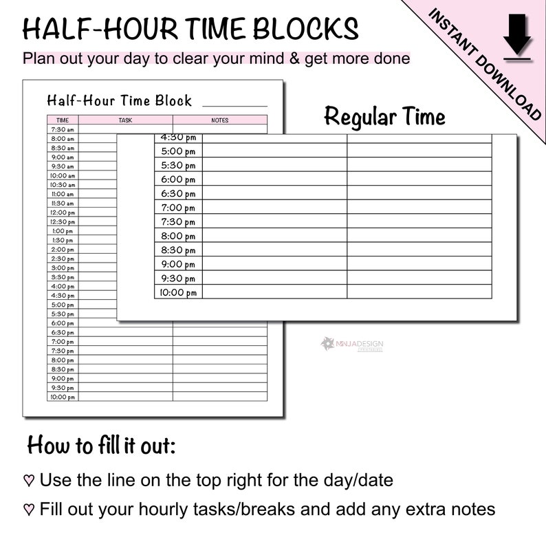 Printable Daily Time Block Schedules by Hour and Halfhour Etsy