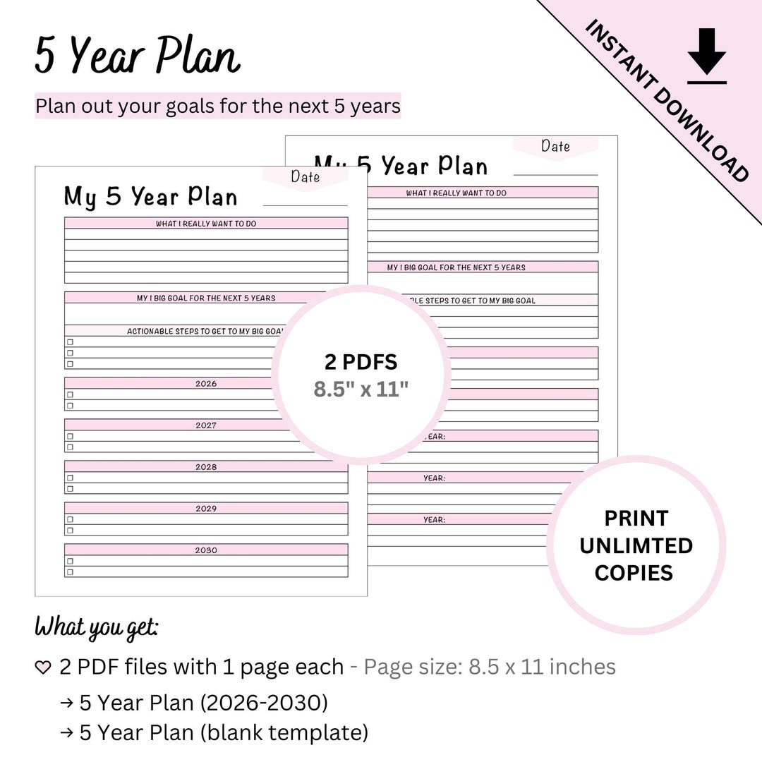 Printable 5 Year Goal Planning Template for 2026 to 2030 Plus Blank ...