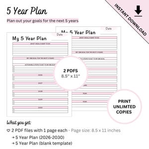 Plantilla imprimible de planificación de objetivos a 5 años (2026-2030) con plantilla en blanco. imagen 1